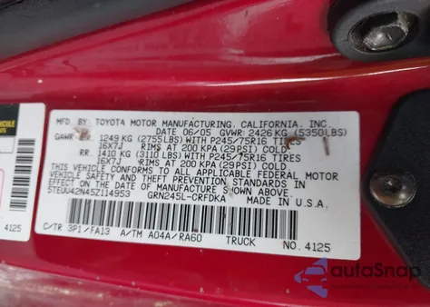 2005 Toyota Tacoma Base V6 z USA, uszkodzony, nr VIN 5TEUU42N45Z114953